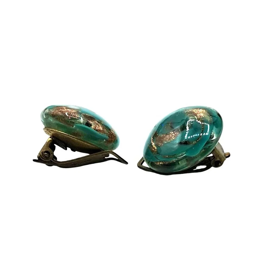 Vintage Murano Glass Earrings Signed  Made Italy Green Gold Glitter Clip Ons Cos - Picture 4 of 9